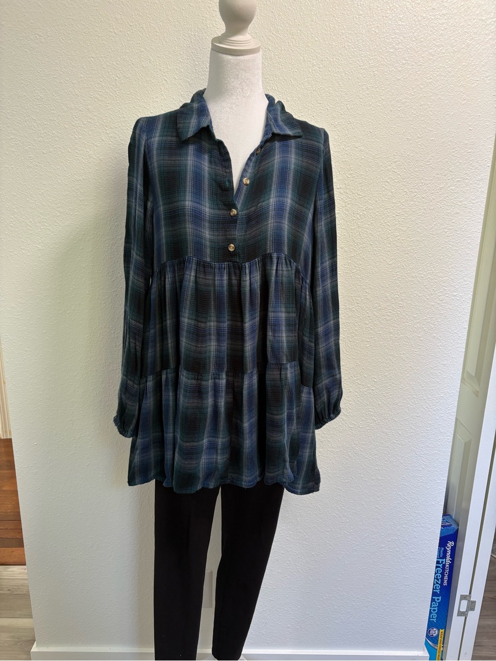 Lucky Brand Blue Green Plaid Tiered Tunic